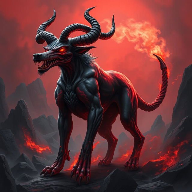 An even more terrifying devilish dog with an exaggeratedly menacing appearance, featuring massive, twisted horns protruding from its head and glowing red eyes that seem to burn with fury