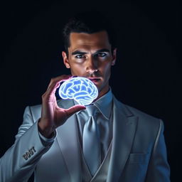 A sophisticated and mysterious man standing in a dramatic dark-themed scene
