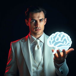 A sophisticated and mysterious man standing in a dramatic dark-themed scene