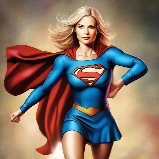 A digital art piece showcasing a woman, dressed as Supergirl, in the process of changing her outfit