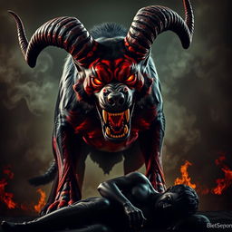 A highly menacing and furious dog with devilish features, showcasing massive, twisted horns and glowing red eyes that radiate intense anger