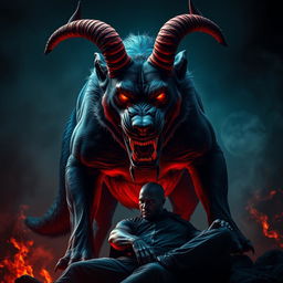 A highly menacing and furious dog with devilish features, showcasing massive, twisted horns and glowing red eyes that radiate intense anger