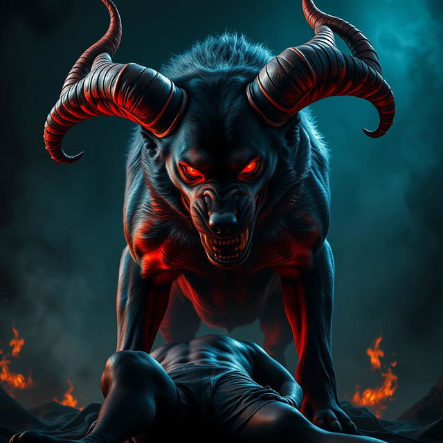 A highly menacing and furious dog with devilish features, showcasing massive, twisted horns and glowing red eyes that radiate intense anger