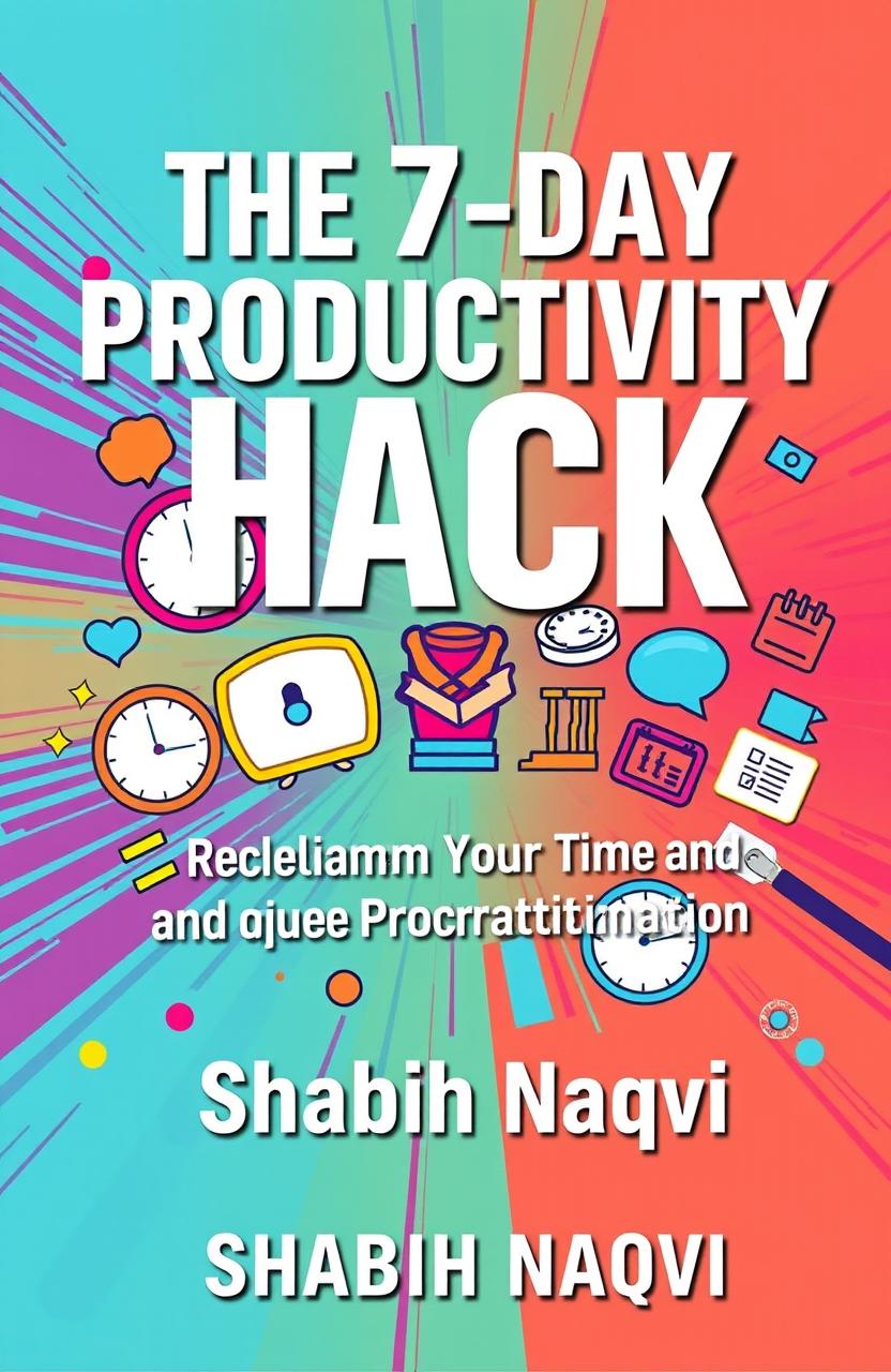A visually engaging book cover for a self-help book titled "The 7-Day Productivity Hack: Reclaim Your Time and Conquer Procrastination" by Shabih Naqvi