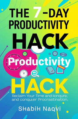 A visually engaging book cover for a self-help book titled "The 7-Day Productivity Hack: Reclaim Your Time and Conquer Procrastination" by Shabih Naqvi