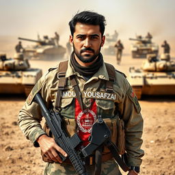 A resilient Afghan soldier named Mahmoud Yousafzai stands prominently, with his name etched boldly on his chest alongside the flag of Afghanistan