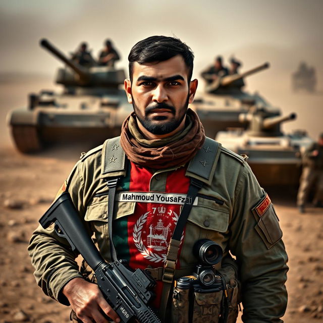 A resilient Afghan soldier named Mahmoud Yousafzai stands prominently, with his name etched boldly on his chest alongside the flag of Afghanistan