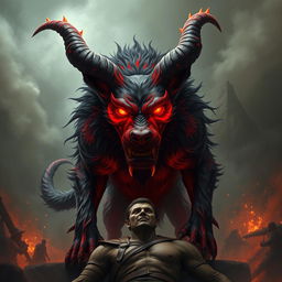 An extraordinarily menacing and devilish dog with exaggerated features, including enormous twisted horns and glowing red eyes that flame with fury