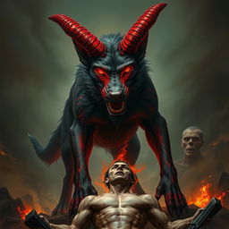 An extraordinarily menacing and devilish dog with exaggerated features, including enormous twisted horns and glowing red eyes that flame with fury