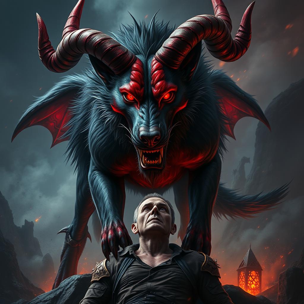 An extraordinarily menacing and devilish dog with exaggerated features, including enormous twisted horns and glowing red eyes that flame with fury