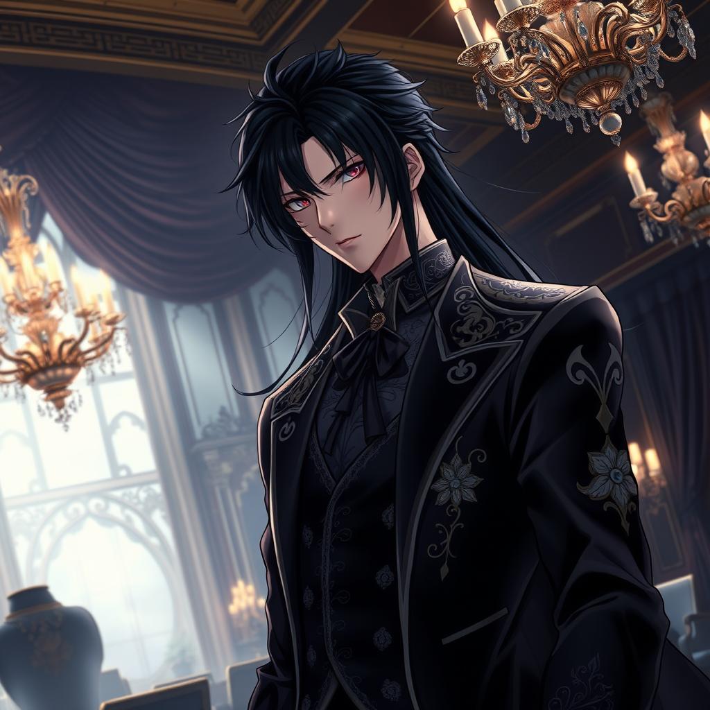 A dark and brooding anime male character, dressed in luxurious attire featuring intricate details such as ornate embroidery and rich fabrics