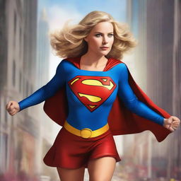 A digital art piece showcasing a woman, dressed as Supergirl, in the process of changing her outfit