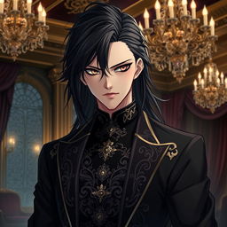 A dark and brooding anime male character, dressed in luxurious attire featuring intricate details such as ornate embroidery and rich fabrics