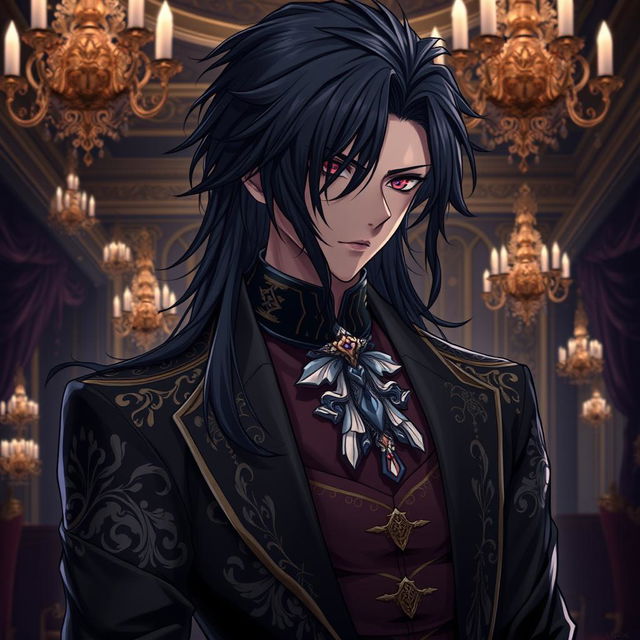 A dark and brooding anime male character, dressed in luxurious attire featuring intricate details such as ornate embroidery and rich fabrics