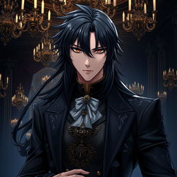 A dark and brooding anime male character, dressed in luxurious attire featuring intricate details such as ornate embroidery and rich fabrics