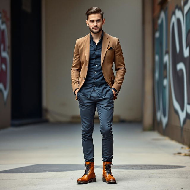 A fashionable man standing confidently, wearing a stylish outfit consisting of a tailored jacket, slim-fit trousers, and a casual shirt underneath