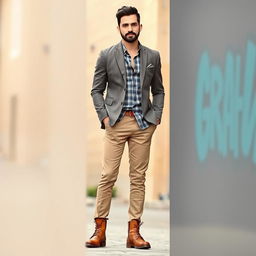 A fashionable man standing confidently, wearing a stylish outfit consisting of a tailored jacket, slim-fit trousers, and a casual shirt underneath