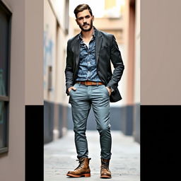 A fashionable man standing confidently, wearing a stylish outfit consisting of a tailored jacket, slim-fit trousers, and a casual shirt underneath