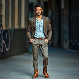 A fashionable man standing confidently, wearing a stylish outfit consisting of a tailored jacket, slim-fit trousers, and a casual shirt underneath