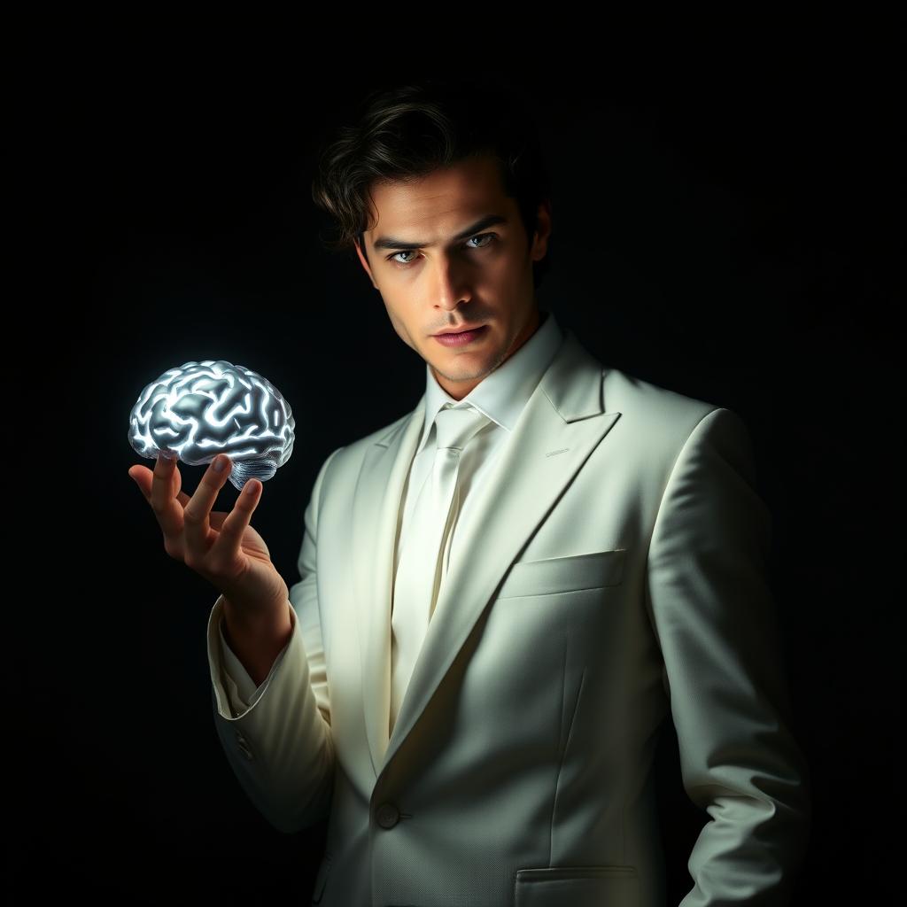 A mysterious man with slightly curly dark hair, dressed in a sleek white suit and a tie, standing in a dramatic dark atmosphere