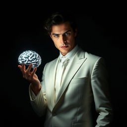 A mysterious man with slightly curly dark hair, dressed in a sleek white suit and a tie, standing in a dramatic dark atmosphere