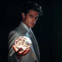 A mysterious man with slightly curly dark hair, dressed in a sleek white suit and a tie, standing in a dramatic dark atmosphere