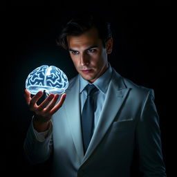 A mysterious man with slightly curly dark hair, dressed in a sleek white suit and a tie, standing in a dramatic dark atmosphere