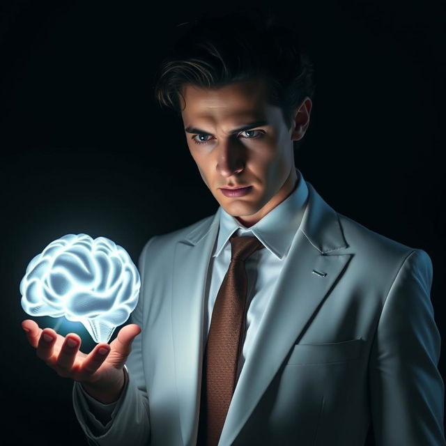 A mysterious man with slightly curly dark hair, dressed in a sleek white suit and a tie, standing in a dramatic dark atmosphere