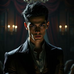A young man with sharp features and striking dark hair, dressed in luxurious attire that combines elements of modern fashion with opulent fabrics