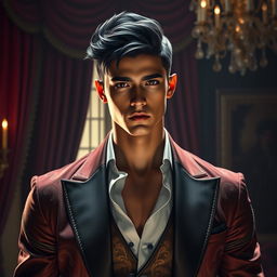 A young man with sharp features and striking dark hair, dressed in luxurious attire that combines elements of modern fashion with opulent fabrics