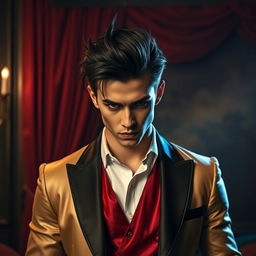 A young man with sharp features and striking dark hair, dressed in luxurious attire that combines elements of modern fashion with opulent fabrics