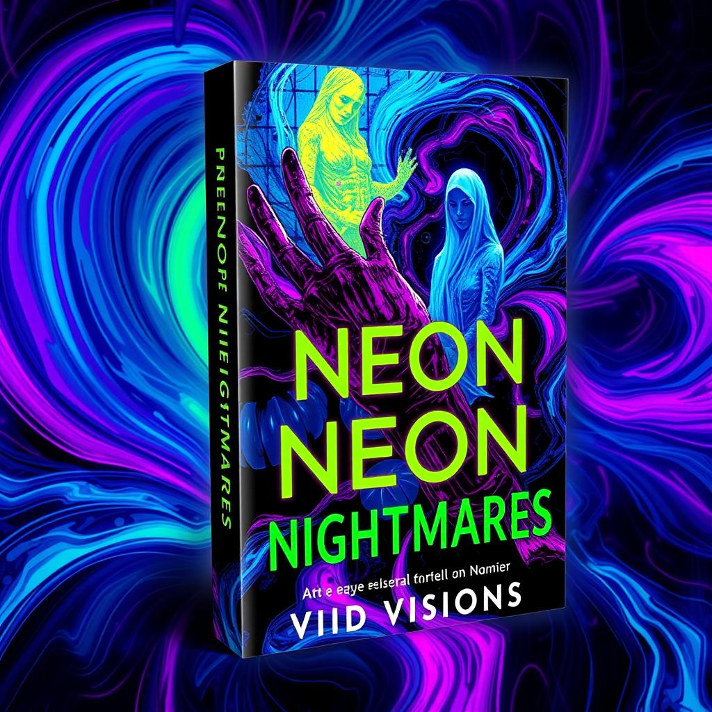 A book cover design for 'Neon Nightmares' by Vivid Visions, featuring abstract and colorful imagery that conveys a sense of psychological horror