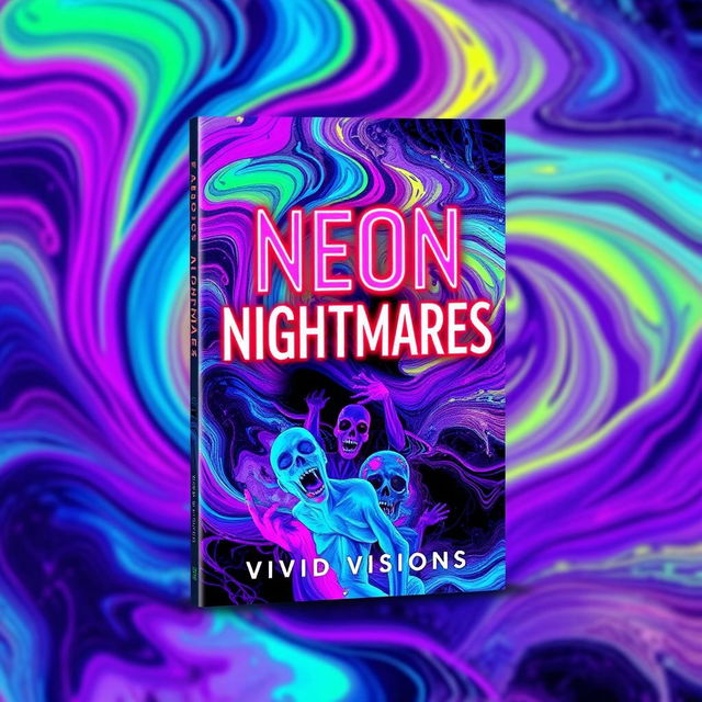 A book cover design for 'Neon Nightmares' by Vivid Visions, featuring abstract and colorful imagery that conveys a sense of psychological horror