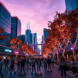 A dynamic scene featuring a futuristic city skyline at dusk, with vibrant neon lights reflecting on glass buildings