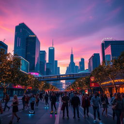 A dynamic scene featuring a futuristic city skyline at dusk, with vibrant neon lights reflecting on glass buildings