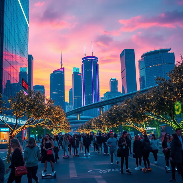 A dynamic scene featuring a futuristic city skyline at dusk, with vibrant neon lights reflecting on glass buildings