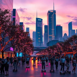 A dynamic scene featuring a futuristic city skyline at dusk, with vibrant neon lights reflecting on glass buildings