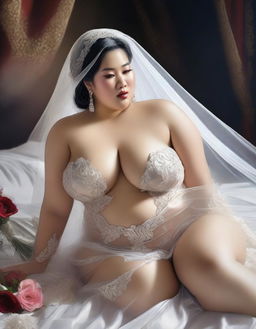 A digital art image depicts a beautiful, plus-size Indonesian bride on her wedding day