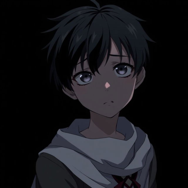 A dark young anime character with a somber expression, their eyes filled with emotion, showcasing a sense of desperation