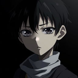 A dark young anime character with a somber expression, their eyes filled with emotion, showcasing a sense of desperation