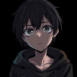 A dark young anime character with a somber expression, their eyes filled with emotion, showcasing a sense of desperation