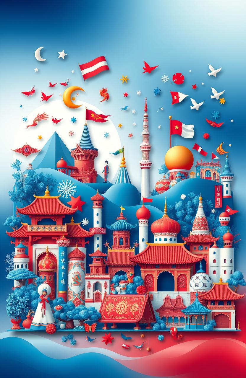 A beautifully intricate and vibrant design showcasing the themes of traditions and cultures, prominently featuring the colors blue, white, and red