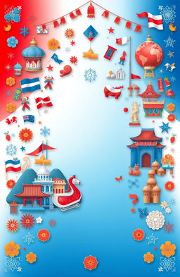 A beautifully intricate and vibrant design showcasing the themes of traditions and cultures, prominently featuring the colors blue, white, and red