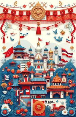 A beautifully intricate and vibrant design showcasing the themes of traditions and cultures, prominently featuring the colors blue, white, and red