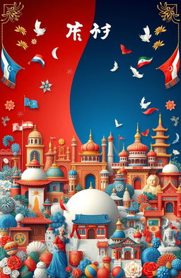 A beautifully intricate and vibrant design showcasing the themes of traditions and cultures, prominently featuring the colors blue, white, and red
