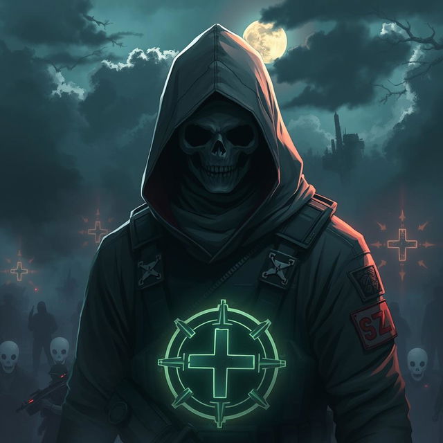 A highly detailed, cinematic illustration of a mythical ghost character from the Call of Duty Mobile universe, wearing a tactical military outfit with a hood that partially obscures their face