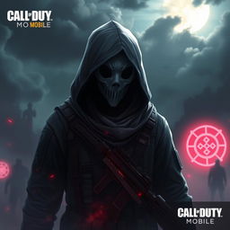 A highly detailed, cinematic illustration of a mythical ghost character from the Call of Duty Mobile universe, wearing a tactical military outfit with a hood that partially obscures their face
