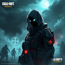 A highly detailed, cinematic illustration of a mythical ghost character from the Call of Duty Mobile universe, wearing a tactical military outfit with a hood that partially obscures their face