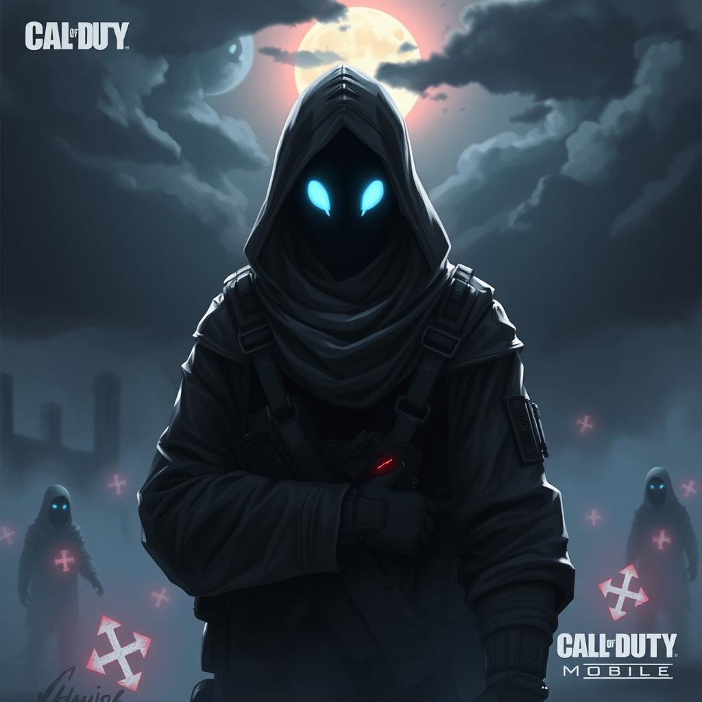 A highly detailed, cinematic illustration of a mythical ghost character from the Call of Duty Mobile universe, wearing a tactical military outfit with a hood that partially obscures their face