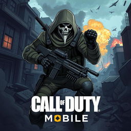 A highly detailed and dynamic illustration of Ghost, the iconic character from Call of Duty Mobile, in a tactical military outfit complete with his signature skull mask